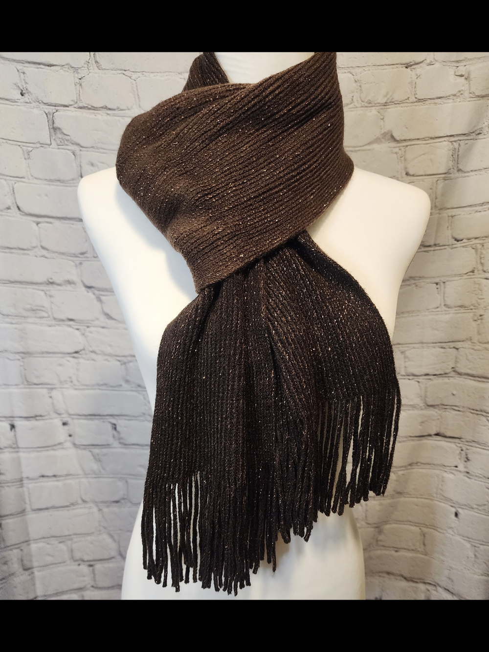 New York & Company Metallic Brown Knit Fringe Scarf